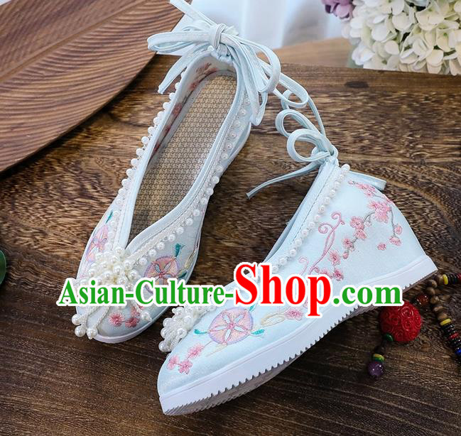 China National Embroidered Shoes Handmade Light Blue Cloth Wedges Shoes Traditional Pearls Tassel Shoes