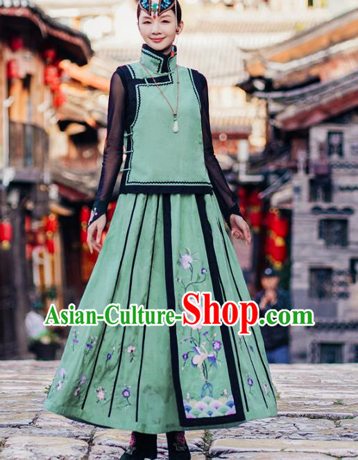 Chinese Traditional Embroidered Crane Peony Green Bust Skirt National Woman Skirt Costume