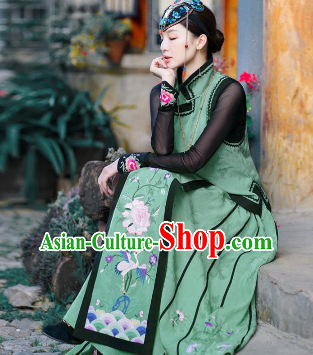 Chinese Traditional Embroidered Crane Peony Green Bust Skirt National Woman Skirt Costume