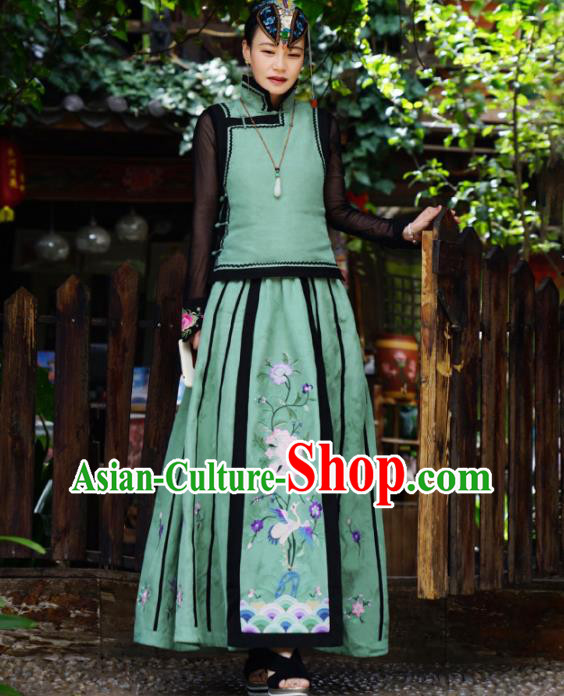 Chinese Traditional Embroidered Crane Peony Green Bust Skirt National Woman Skirt Costume
