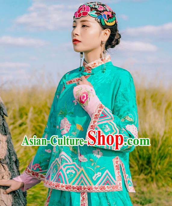 Chinese Traditional Woman Outer Garment Costume Tang Suit Embroidered Green Jacket