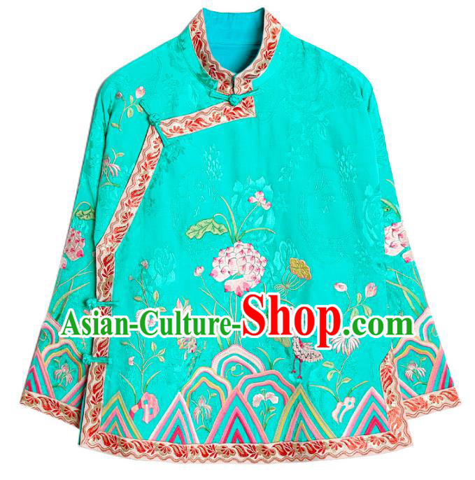 Chinese Traditional Woman Outer Garment Costume Tang Suit Embroidered Green Jacket