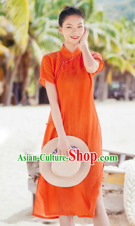 Chinese Traditional Young Lady Orange Qipao Dress National Stand Collar Cheongsam Costume