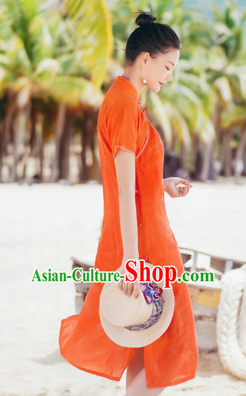 Chinese Traditional Young Lady Orange Qipao Dress National Stand Collar Cheongsam Costume