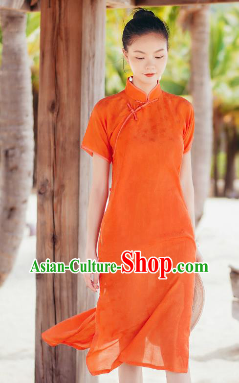 Chinese Traditional Young Lady Orange Qipao Dress National Stand Collar Cheongsam Costume