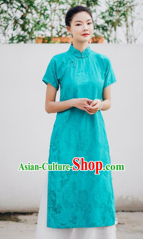 Chinese National Stand Collar Cheongsam Costume Traditional Young Lady Green Qipao Dress