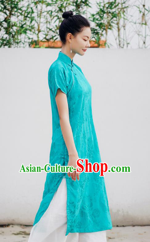 Chinese National Stand Collar Cheongsam Costume Traditional Young Lady Green Qipao Dress