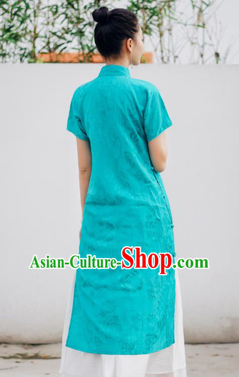 Chinese National Stand Collar Cheongsam Costume Traditional Young Lady Green Qipao Dress