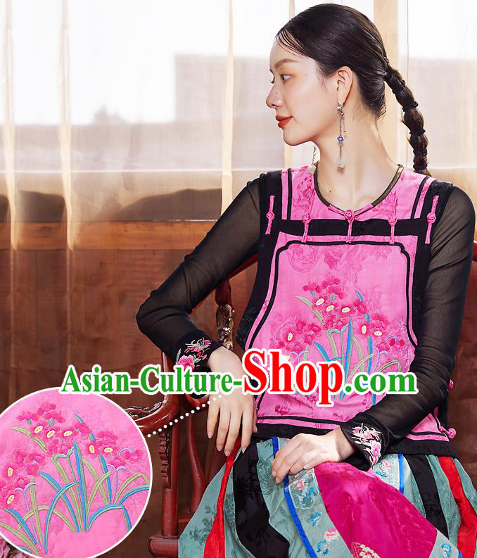 China National Embroidered Orchids Vest Tang Suit Upper Outer Garment Traditional Pink Waistcoat Clothing
