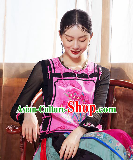 China National Embroidered Orchids Vest Tang Suit Upper Outer Garment Traditional Pink Waistcoat Clothing