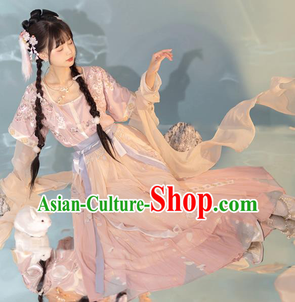 China Ancient Young Girl Hanfu Dress Traditional Tang Dynasty Village Lady Historical Clothing