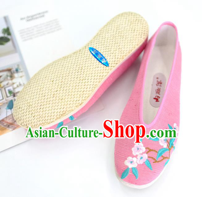 China Handmade National Shoes Embroidered Plum Pink Cloth Shoes Traditional Folk Dance Shoes