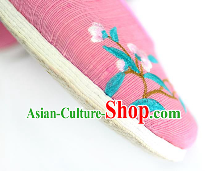 China Handmade National Shoes Embroidered Plum Pink Cloth Shoes Traditional Folk Dance Shoes