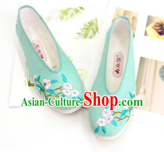 China Embroidered Plum Green Cloth Shoes Traditional Folk Dance Shoes Handmade National Shoes