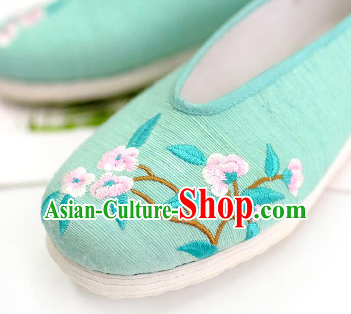 China Embroidered Plum Green Cloth Shoes Traditional Folk Dance Shoes Handmade National Shoes
