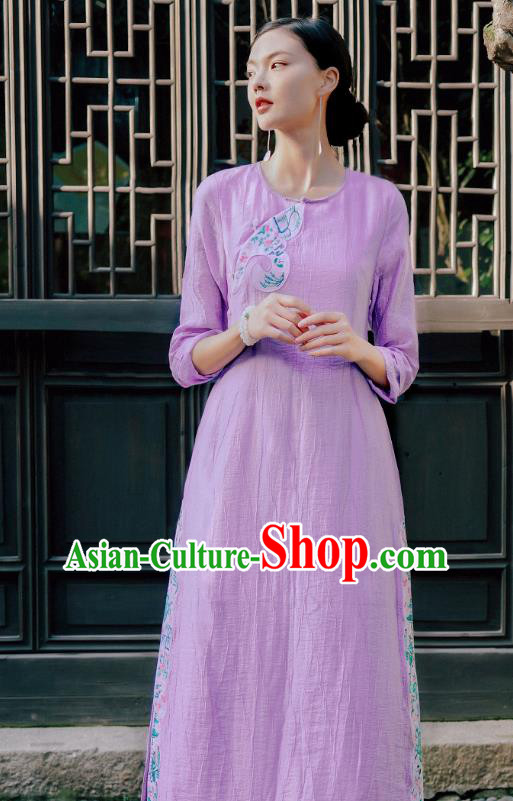 Chinese National Young Lady Embroidered Violet Cheongsam Traditional Slant Opening Qipao Dress Costume