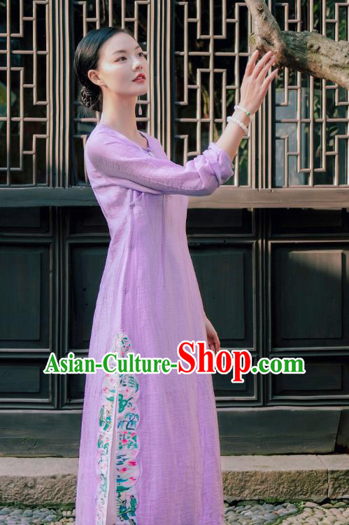 Chinese National Young Lady Embroidered Violet Cheongsam Traditional Slant Opening Qipao Dress Costume