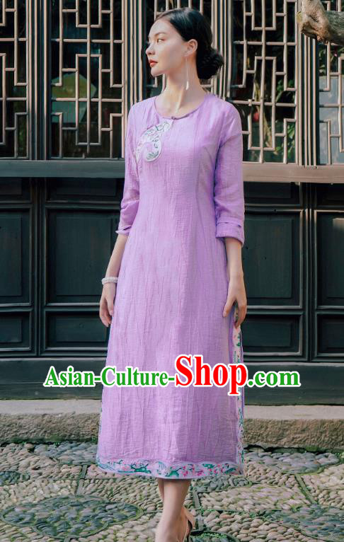 Chinese National Young Lady Embroidered Violet Cheongsam Traditional Slant Opening Qipao Dress Costume