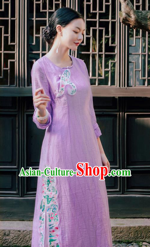Chinese National Young Lady Embroidered Violet Cheongsam Traditional Slant Opening Qipao Dress Costume