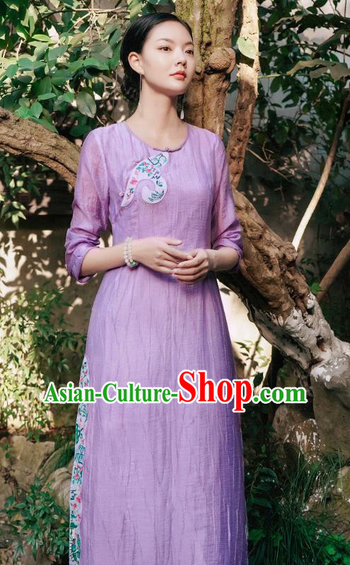 Chinese National Young Lady Embroidered Violet Cheongsam Traditional Slant Opening Qipao Dress Costume
