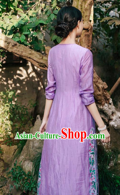 Chinese National Young Lady Embroidered Violet Cheongsam Traditional Slant Opening Qipao Dress Costume