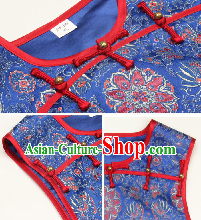 Chinese Traditional Top Garment National Woman Vest Costume Tang Suit Blue Brocade Waistcoat