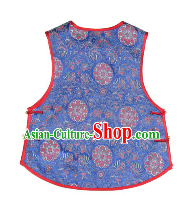 Chinese Traditional Top Garment National Woman Vest Costume Tang Suit Blue Brocade Waistcoat