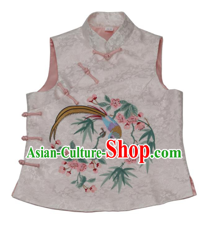 Chinese Traditional Tang Suit Embroidered Begonia Bird Waistcoat Garment National White Top Vest