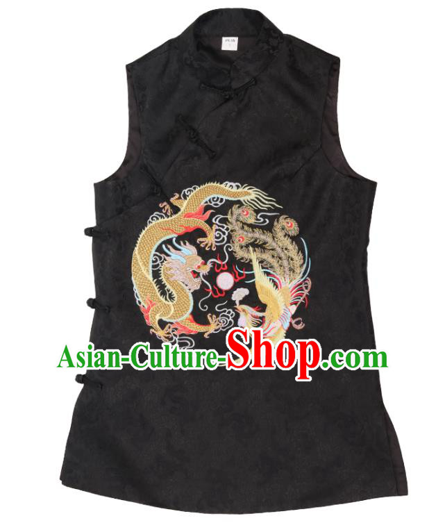 Chinese Traditional Tang Suit Embroidered Black Long Waistcoat National Brocade Top Vest Garment