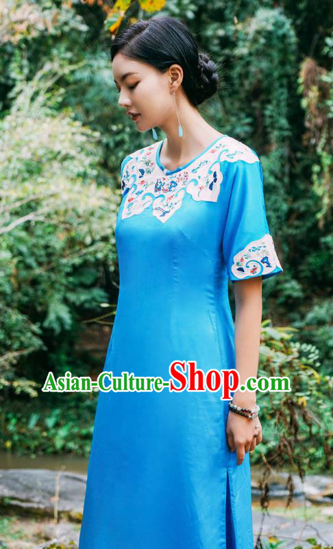 Chinese Traditional Round Collar Qipao Dress Costume National Young Lady Embroidered Blue Cheongsam