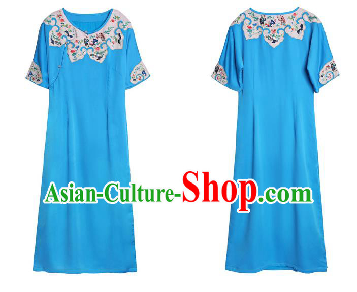 Chinese Traditional Round Collar Qipao Dress Costume National Young Lady Embroidered Blue Cheongsam