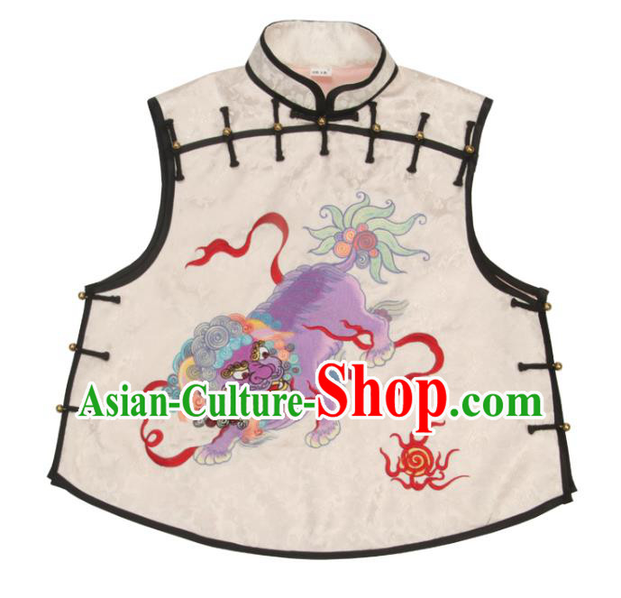 Chinese National White Brocade Vest Tang Suit Upper Outer Garment Traditional Embroidered Lion Waistcoat