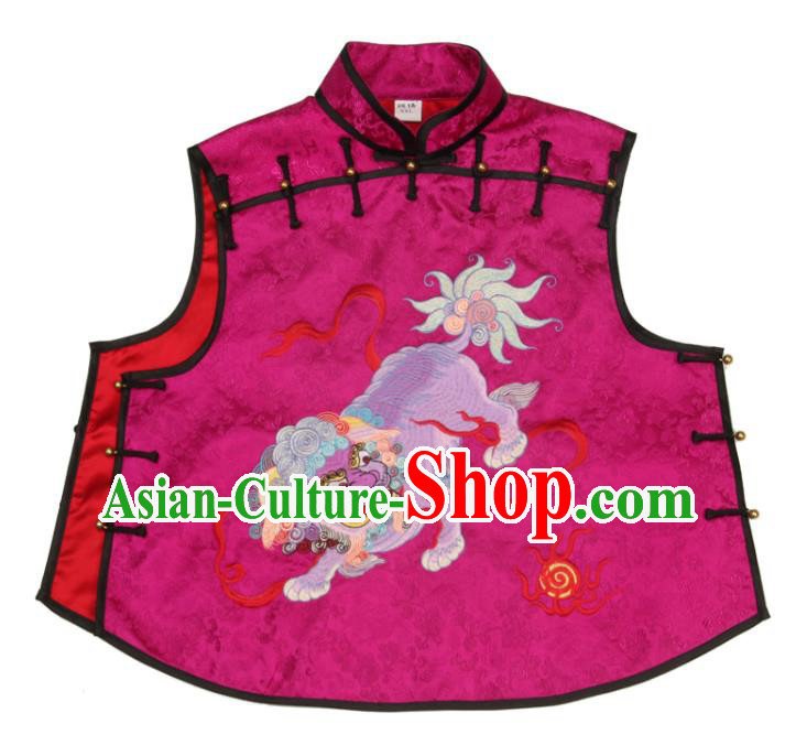 Chinese Tang Suit Upper Outer Garment Traditional Embroidered Lion Waistcoat National Rosy Brocade Vest