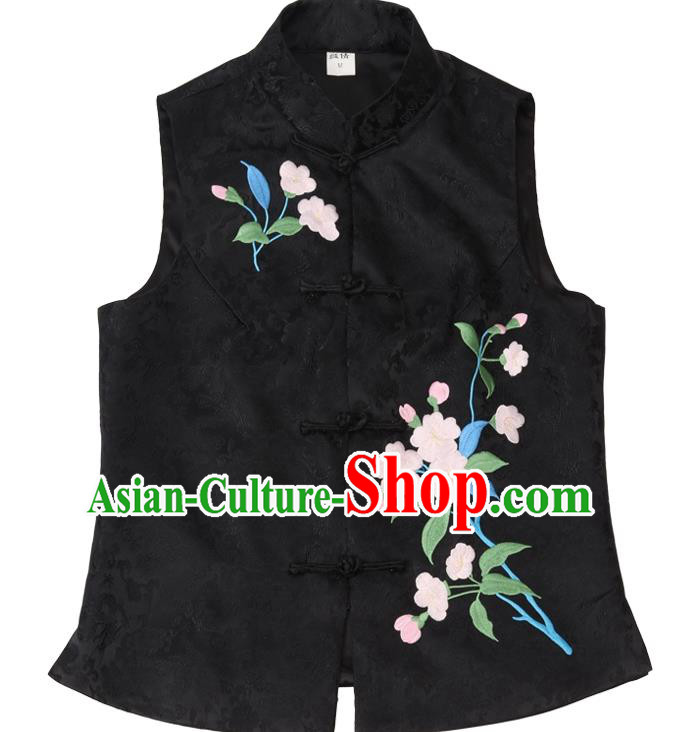Chinese National Upper Outer Garment Traditional Embroidered Black Brocade Waistcoat Tang Suit Vest