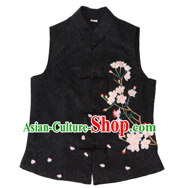Chinese National Upper Outer Garment Traditional Embroidered Black Brocade Waistcoat Tang Suit Vest