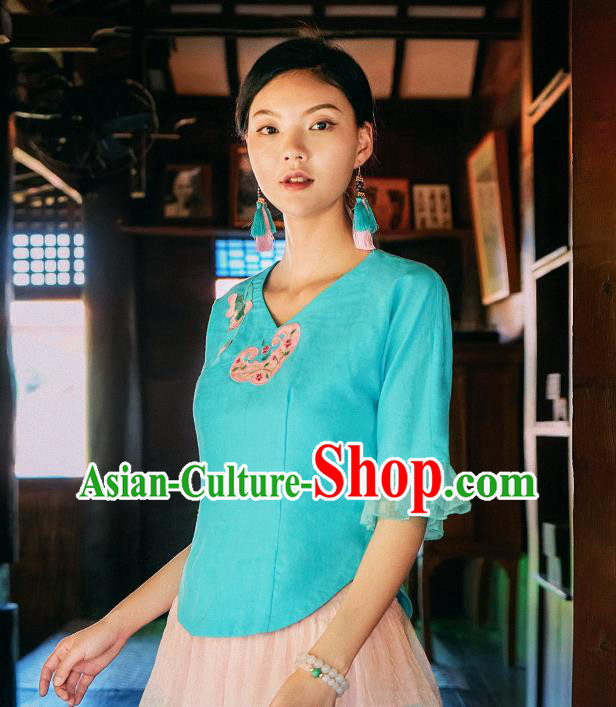 China Traditional Embroidered Blue Blouse National Woman Shirt Clothing Tang Suit Upper Outer Garment