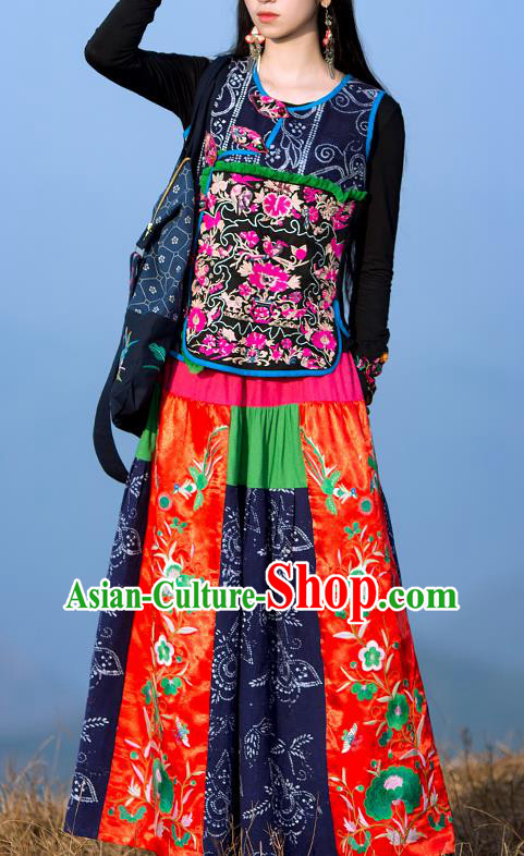 Chinese Traditional Woman Batik Garment Costume Tang Suit Embroidered Red Bust Skirt