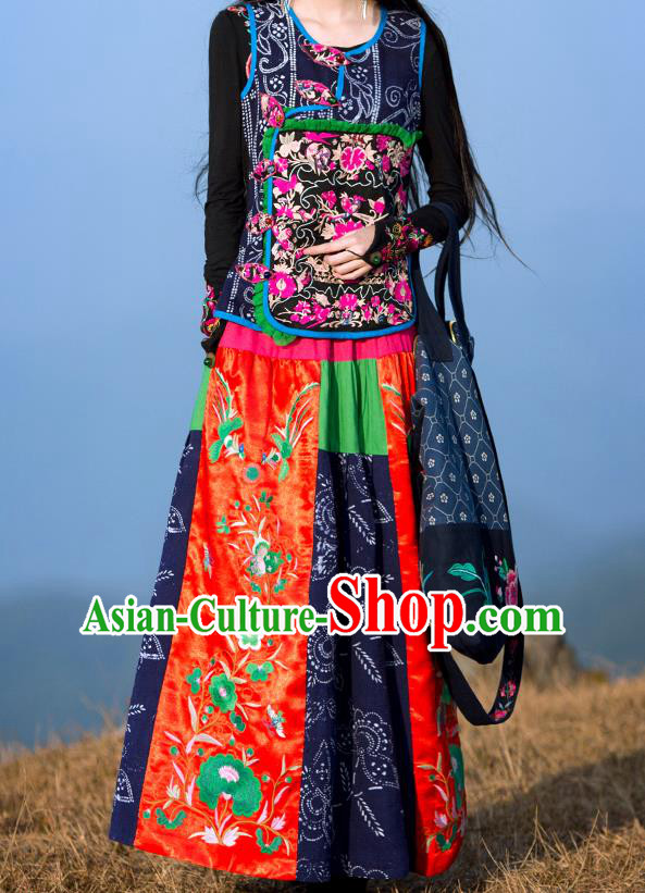 Chinese Traditional Woman Batik Garment Costume Tang Suit Embroidered Red Bust Skirt