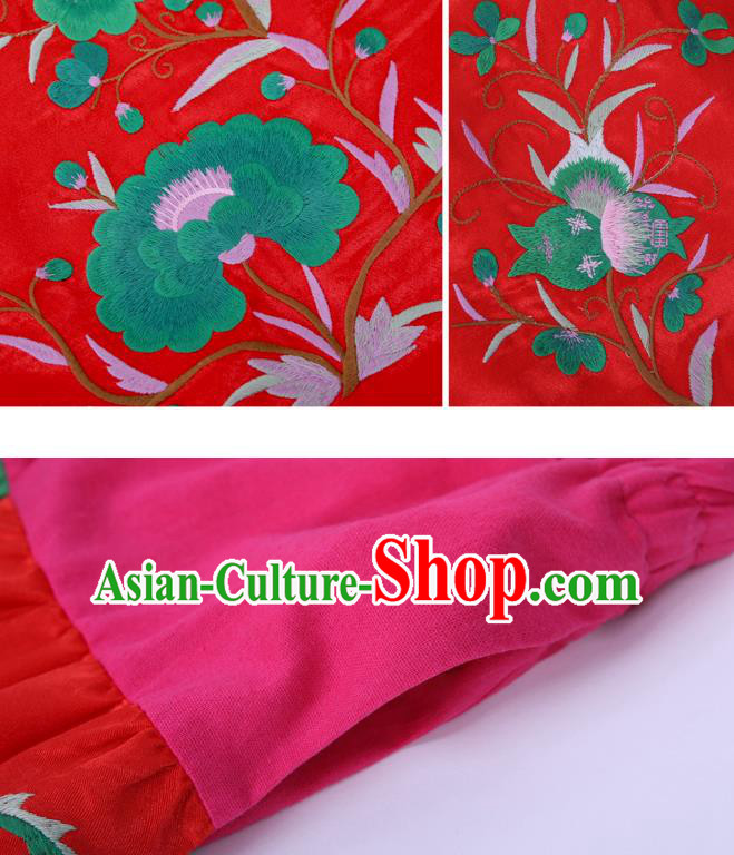 Chinese Traditional Woman Batik Garment Costume Tang Suit Embroidered Red Bust Skirt