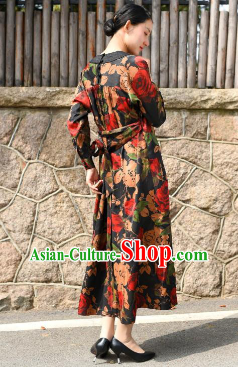 Chinese Traditional Printing Roses Qipao Dress Costume National Young Lady Black Silk Cheongsam