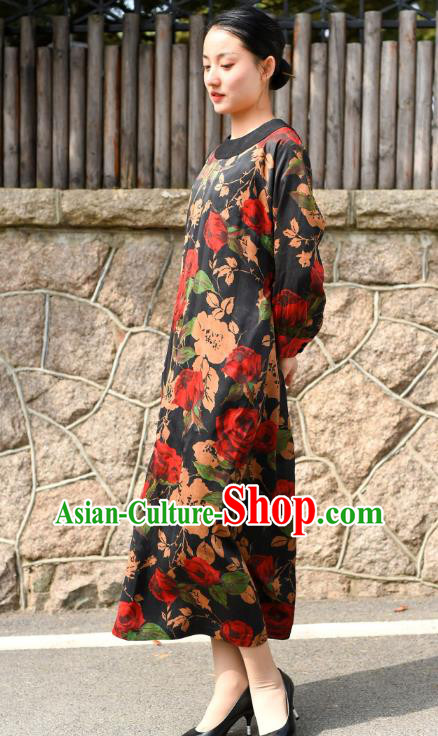 Chinese Traditional Printing Roses Qipao Dress Costume National Young Lady Black Silk Cheongsam