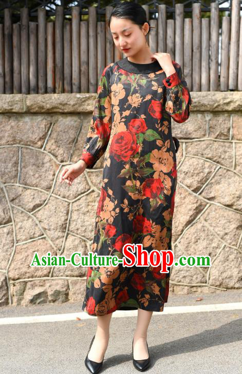 Chinese Traditional Printing Roses Qipao Dress Costume National Young Lady Black Silk Cheongsam
