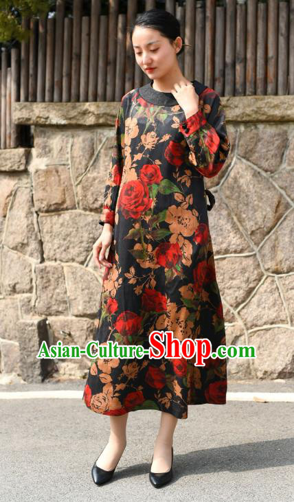 Chinese Traditional Printing Roses Qipao Dress Costume National Young Lady Black Silk Cheongsam