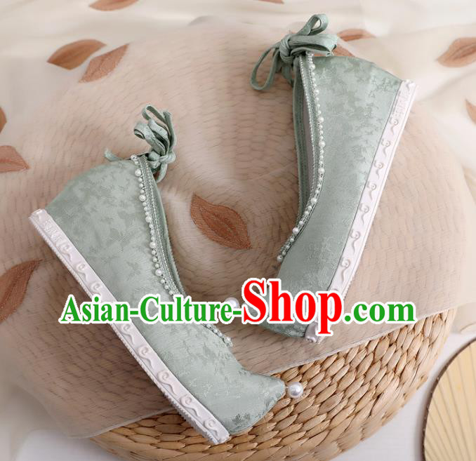 China Traditional Ming Dynasty Hanfu Shoes Handmade Pearls Bow Shoes National Green Cloth Shoes