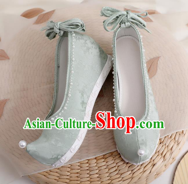 China Traditional Ming Dynasty Hanfu Shoes Handmade Pearls Bow Shoes National Green Cloth Shoes