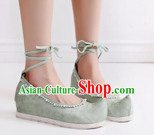 China Traditional Ming Dynasty Hanfu Shoes Handmade Pearls Bow Shoes National Green Cloth Shoes