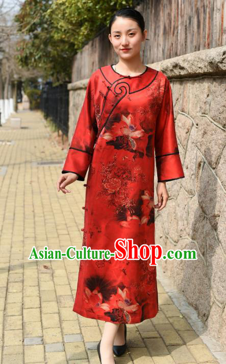 Chinese Traditional Printing Lotus Qipao Dress Costume National Young Lady Red Silk Cheongsam