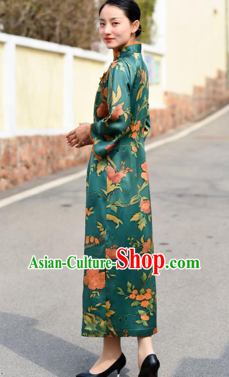 Chinese Traditional Green Silk Qipao Dress Costume National Young Lady Stand Collar Cheongsam