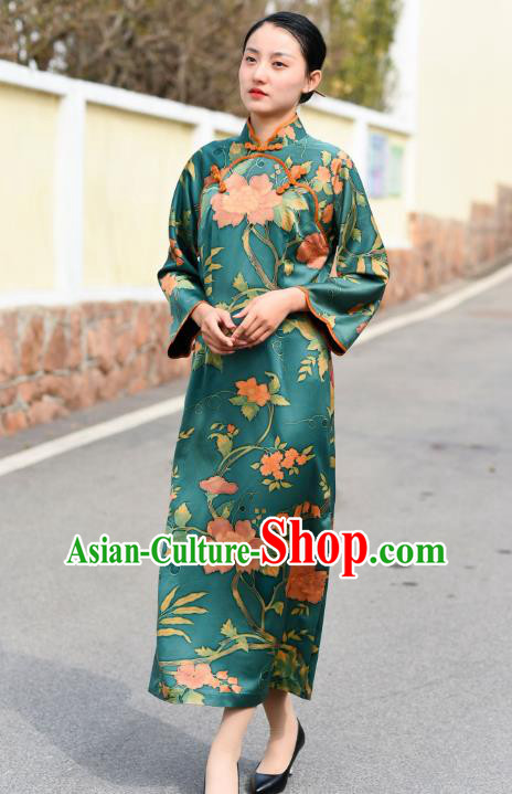 Chinese Traditional Green Silk Qipao Dress Costume National Young Lady Stand Collar Cheongsam