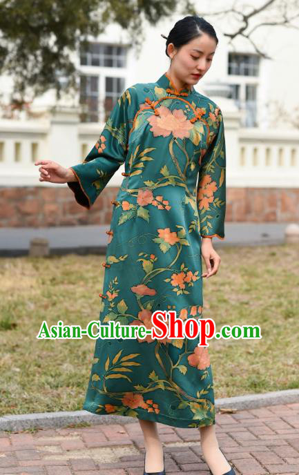 Chinese Traditional Green Silk Qipao Dress Costume National Young Lady Stand Collar Cheongsam